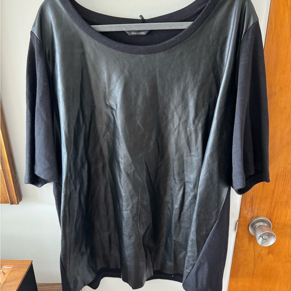 NWT Marina Rinaldi Black Faux Leather Short Sleeve Top